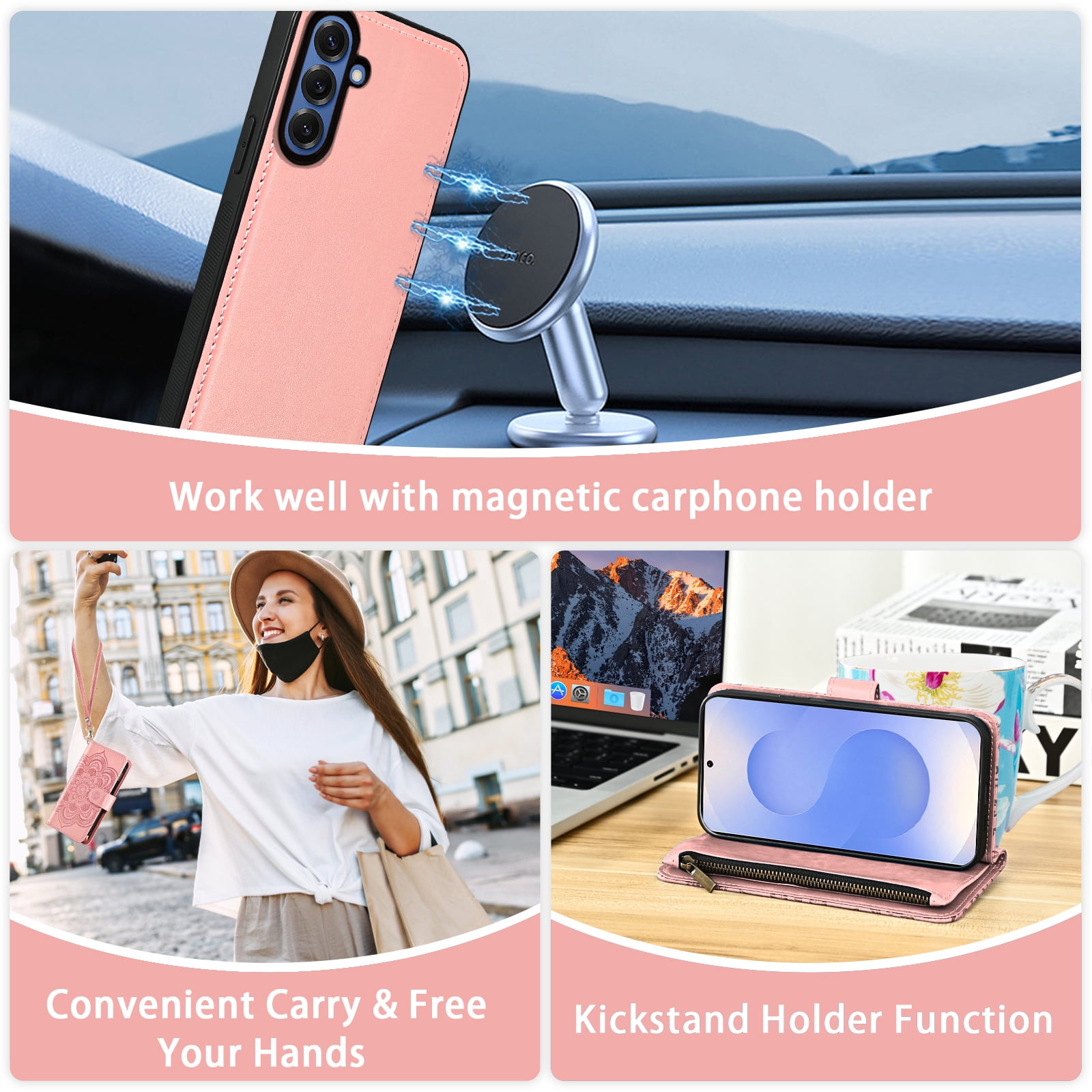Asuwish Phone Case for Samsung Galaxy S25 5G Zipper Wallet Magnetic Detachable Cell Cover with Tempered Glass Screen Protector Crossbody Strap Flower Card Holder Slot S 25 25S G5 Women Girls Pink