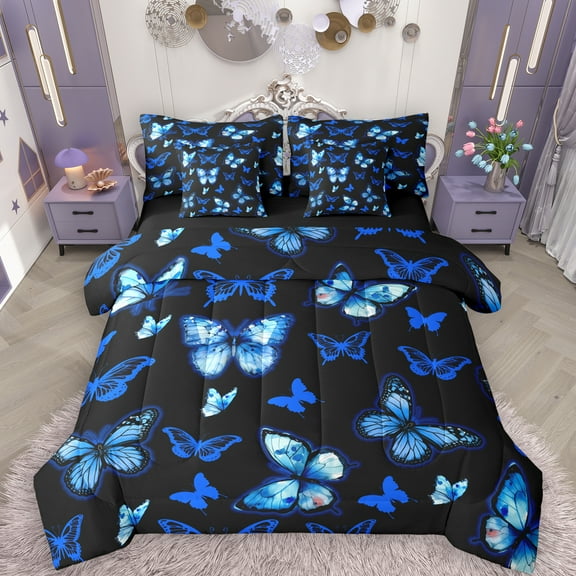 Manfei Dreamy Neon Butterfly 7-Piece Twin Bedding Sets, Kawaii Black Blue Animal Bedding Comforter Set, Teens Girls Kids Female Reversible Sheet Sets, Luxury Bedroom Decor