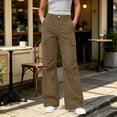 thumbnail image 4 of TEAJOPSUU Womens Button Fly Bootcut Cargo Pants Solid High Waist Wide Leg Side Cargo Pockets Trousers with Pockets Casual Winter Wear Coffee, 4 of 8