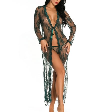 

Cardigans For Women Plus Size LAWOR Women Lace One-Piece Underwear Cardigan Long Nightgown See-Through Pajamas Green L