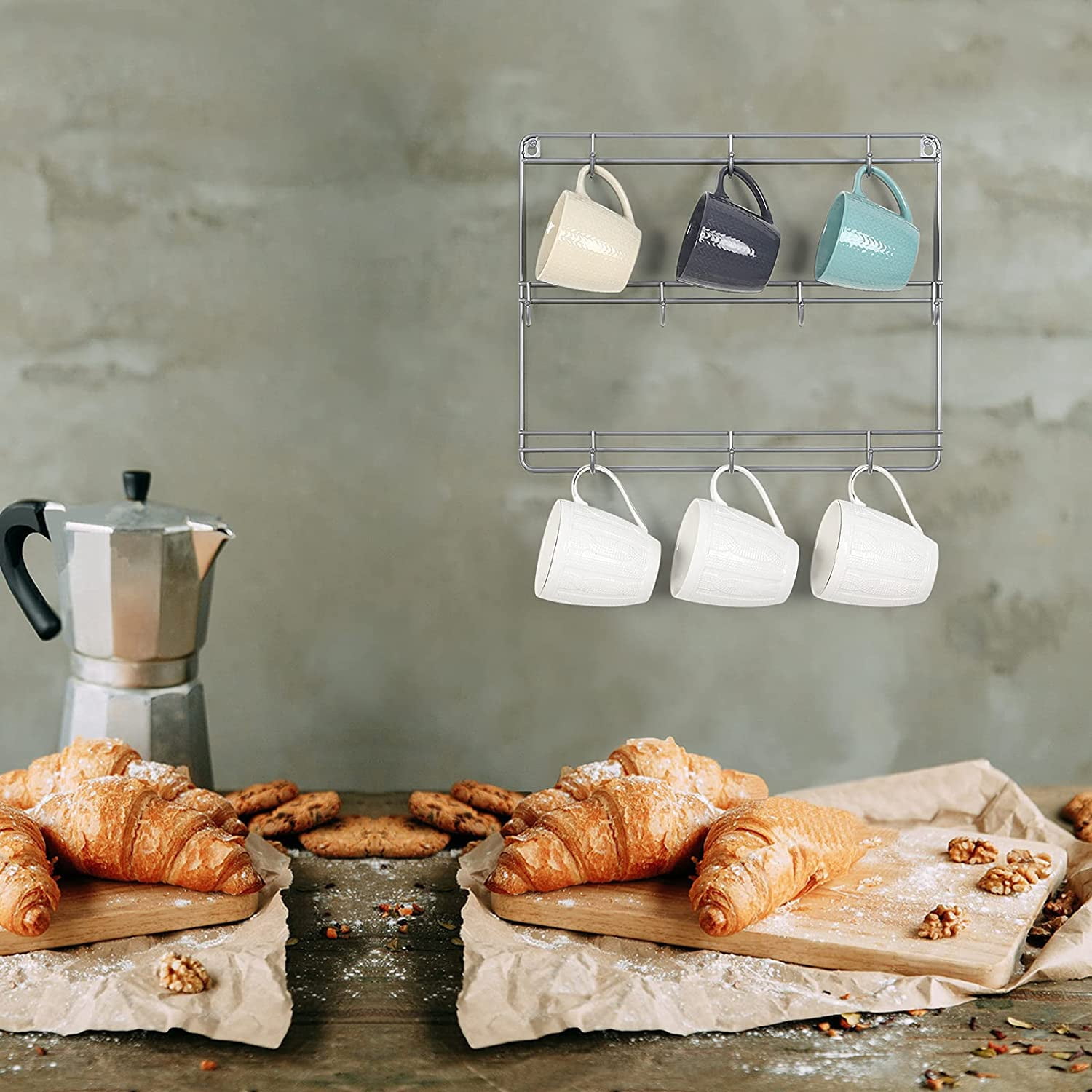 Oumilen Set of 2 3-Tier Metal Wall Mounted Coffee Cup Holder with 10 Hooks, Silver