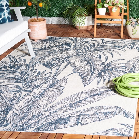 SAFAVIEH Courtyard Chloe Botanical Indoor/Outdoor Area Rug, Ivory/Navy, 5'3" x 7'7"