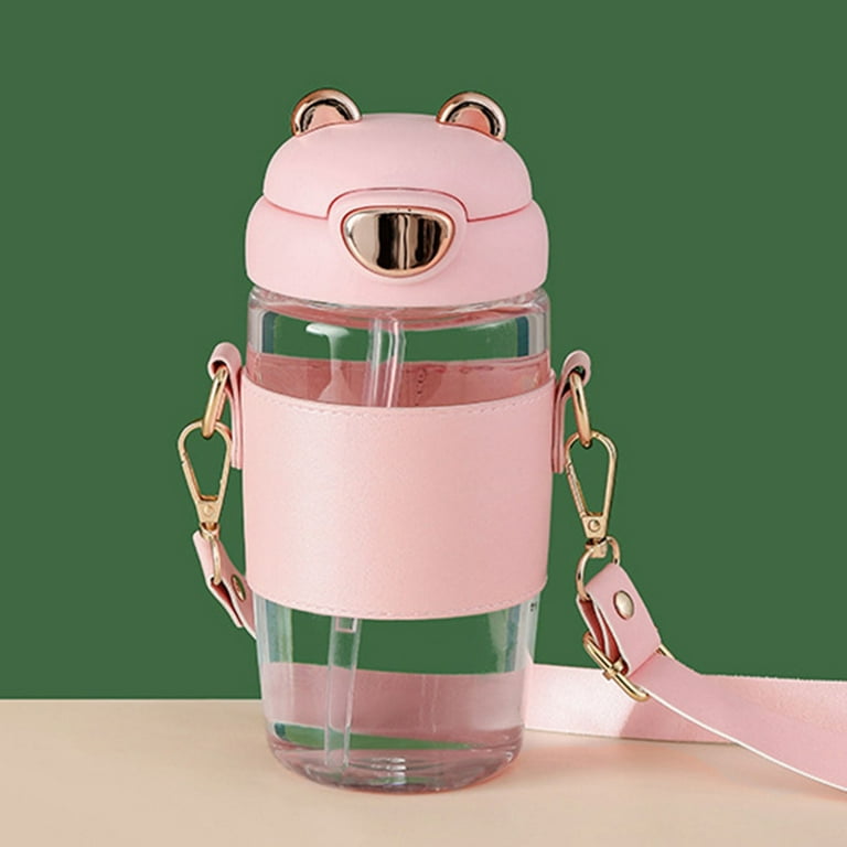Bear Water Bottle With Straw Cute Water Leak Proof Bottles Portable Leakproof  Water Jug For Kids Girls Boys Pink 