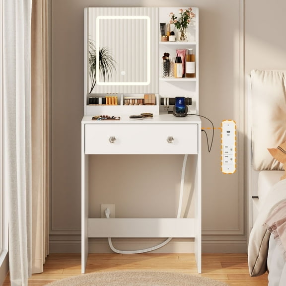 Satifur Vanity Set with Lighted Mirror, Women Dressing Desk with Drawers & Charging Station, Adult Makeup Vanity with Shelves, White