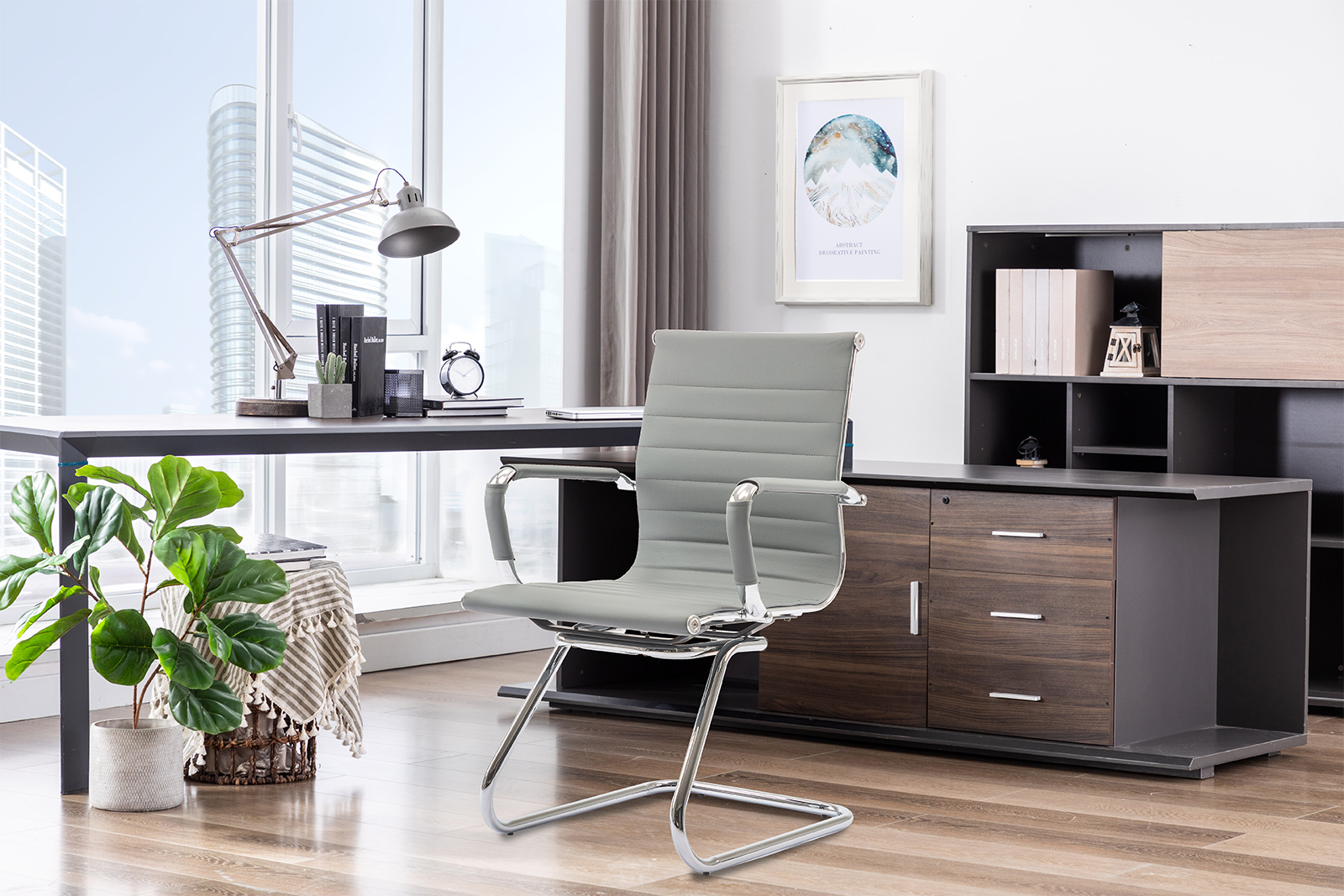 Guyou Modern Mid Back Office Guest Chair Set of 2, Faux Leather Reception Chair Computer Chair with Armrests and Metal Sled Base for Meeting/Waiting/Conference Room, No Wheels, Grey