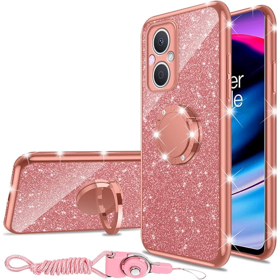 nancheng for OnePlus Nord N20 5G Phone Case with Ring Stand Strap Lanyard Girls Women Shockproof Protective Cover - Rose Gold