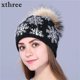 thumbnail image 1 of Xthree-gorro de punto con pompones de visón Real para mujer y niña, gorro de lana de piel de conejo, gorros de invierno para Navidad y nieve, 1 of 4
