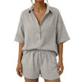 thumbnail image 3 of Summer Sets Linen Sets for Women 2 Piece Short Sleeve Shirt and Shorts Beach Outfits Casual Fashion Comfortable Solid Color Suits Light Gray S, 3 of 6
