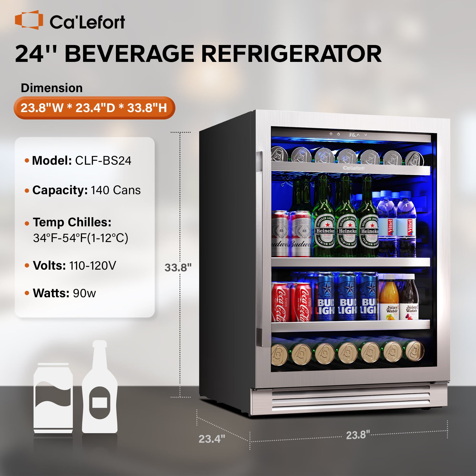Ca'Lefort 24-in W 220-Can Capacity Commercial/ Stainless Steel Built-In/Freestanding Beverage Refrigerator with Glass Door | CLF-BS24-LS
