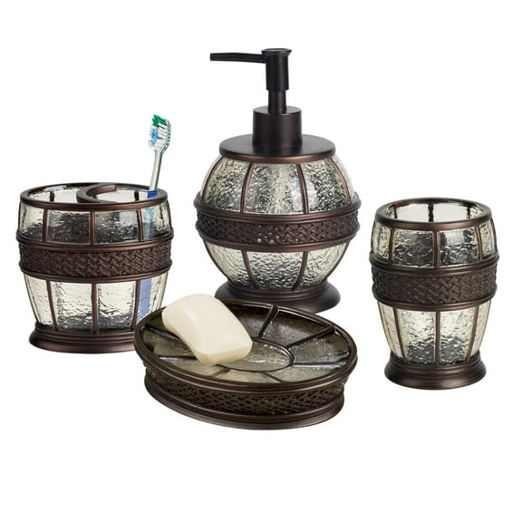 nu steel Resin crackled Ice Bath Accessory Set for Vanity Countertops, 4 piece Luxury ensemble includes soap dish, toothbrush holder, tumbler, soap and lotion pump, Oil rubbed bronze