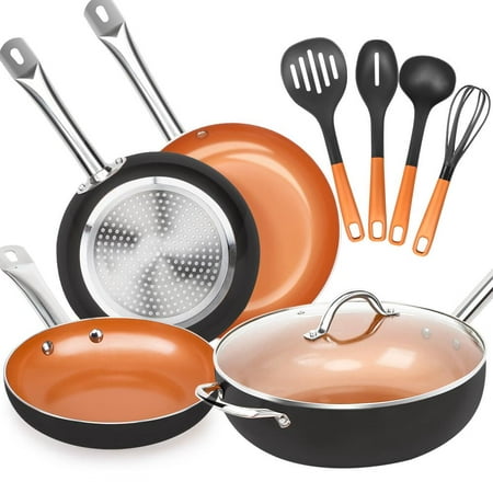 SHINEURI 9 Piece Copper Cookware Set - 8/9.5/11 inch Omelet 12 inch Nonstick Woks and Stir Fry Pans with Lid, 4 Piece set Kitchen Silicone Cooking Utensils - Dishwasher Safe, PFOA/PTFE