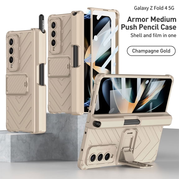 Mantto for Samsung Galaxy Z Fold 4 Case with Hinge Protection, S Pen Holder & Magnetic Kickstand & Built-in Screen Protector Protective Case for Samsung Galaxy Z Fold 4, Gold