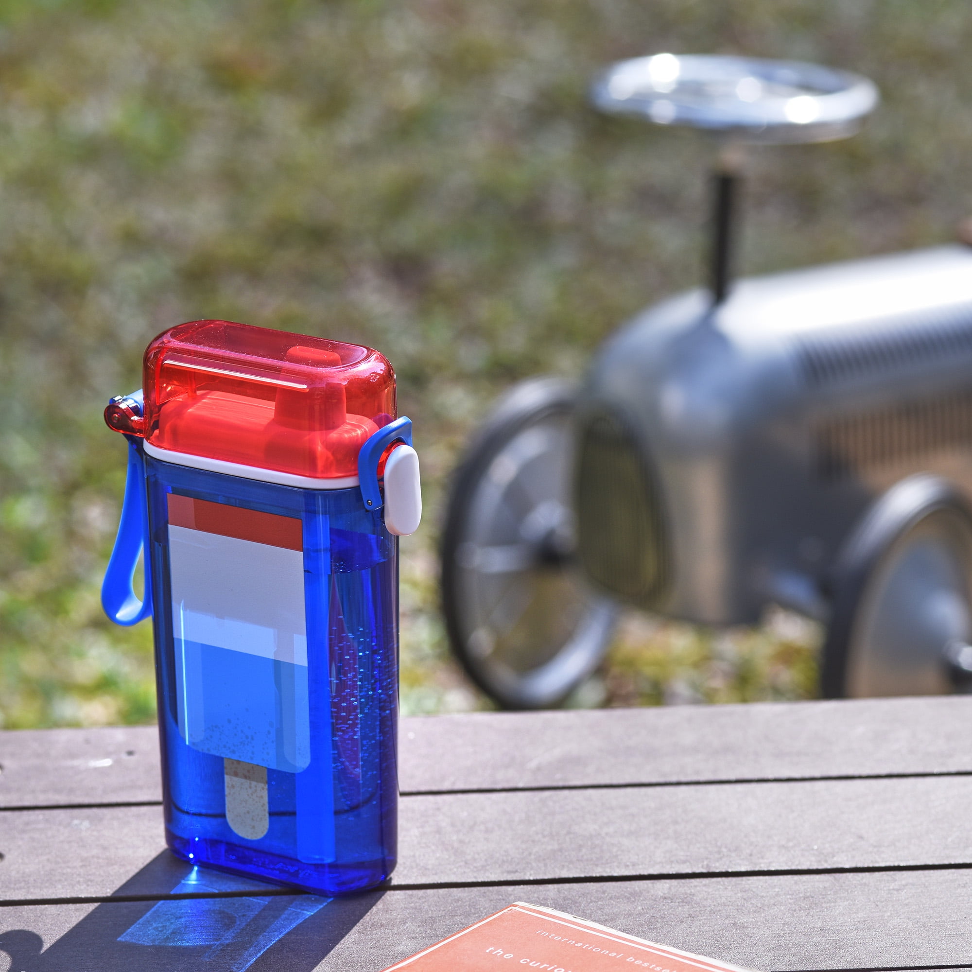 Mainstays 14oz Plastic Water Bottle with Flip Top Lid and Sipper Straw, Blue and Red Rocket Popsicle