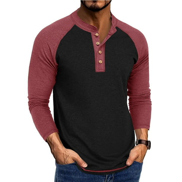 Blusas y camisas de manga larga con cuello redondo para hombre, estilo casual, a la moda, con botones, parches lisos, manga larga, manga raglán, blusa de poliéster para hombre.