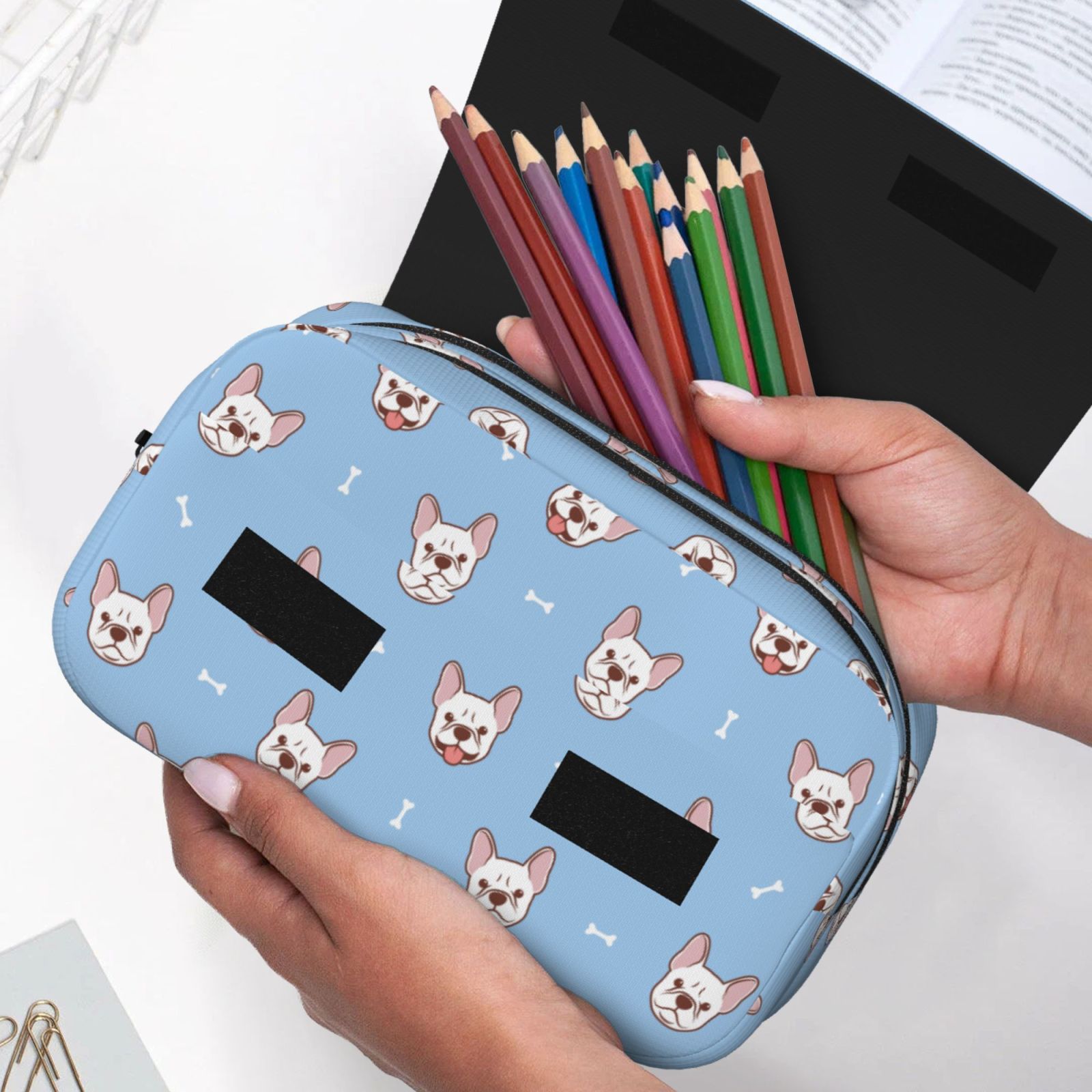 Rateoe French Bulldog Head Pattern Double Clamshell Pen Case, Storage Organizer with Two Zipper Compartments– Holds Up to 50 Pencils & Pens