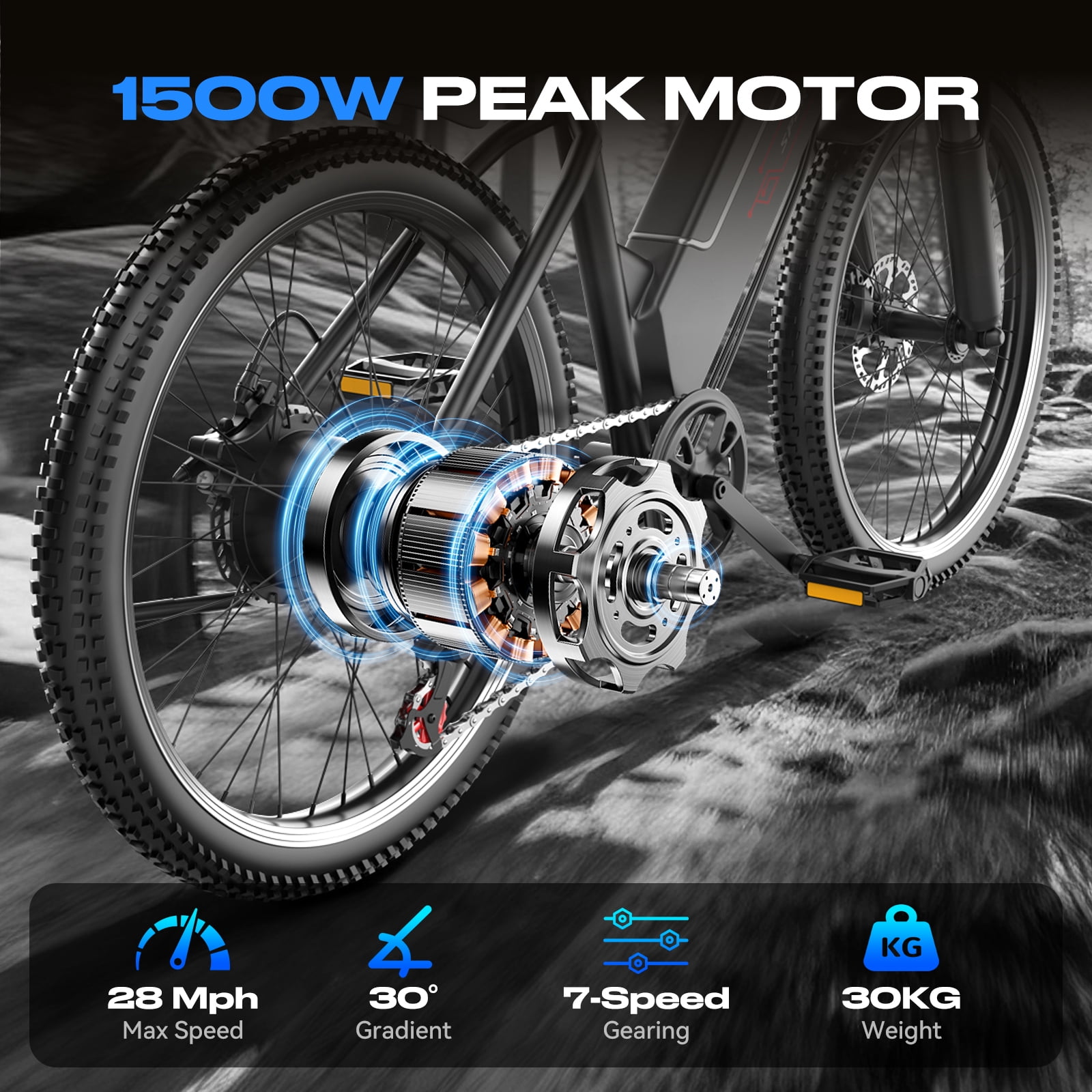 Electric Bike for Adults, 1500W Peak E bike with 48V 12Ah Internal Removable Battery, 26" Electric Bicycle Up to 25MPH, 65 Miles Long Range, 5 Modes & 7 Speeds, Lightweight Cruiser E-bike for Commute