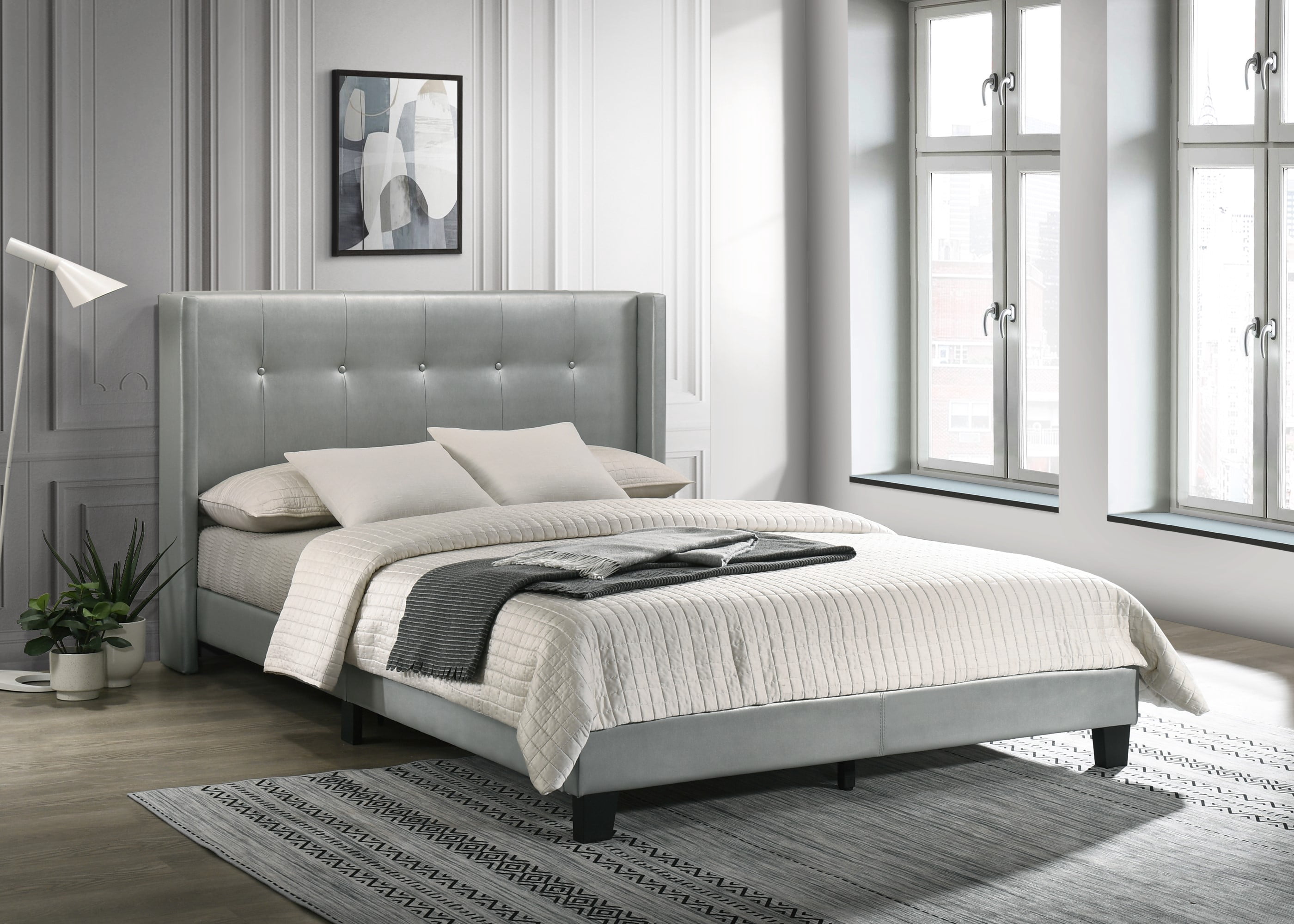 Home Design Evelyn Queen Upholstered Platform Bed Frame with Tufted Headboard and Wingback Design, Silver, Easy Assembly