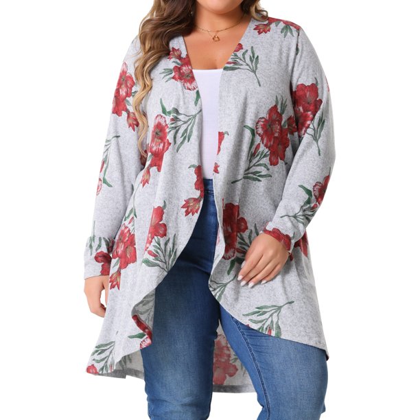 Cárdigan de talla grande Agnes Orinda para mujeres, ligero, de manga larga, con diseño floral, dobladillo alto-bajo, duster drapeado, 2X gris