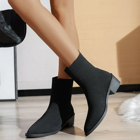 

New Years Eve Outfit Womens Boots Shoes Winter Snow Boots For Womenladies British Style Solid Color Breathable Stretch Knit Pointed Toe Heel Fashion Short Boots Gifts For Women Her
