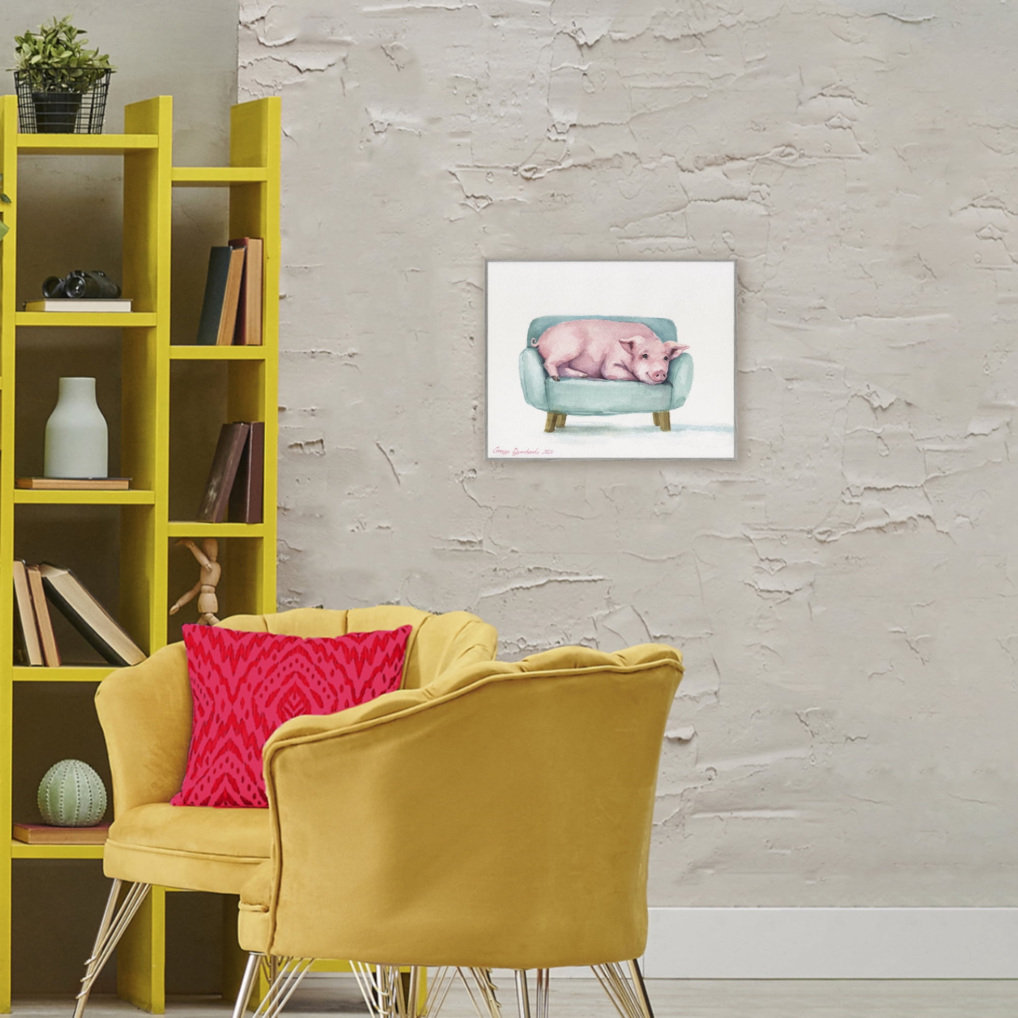 Stupell Industries Cute Piglet on Armchair Gray Framed Giclee Art, design by George Dyachenko