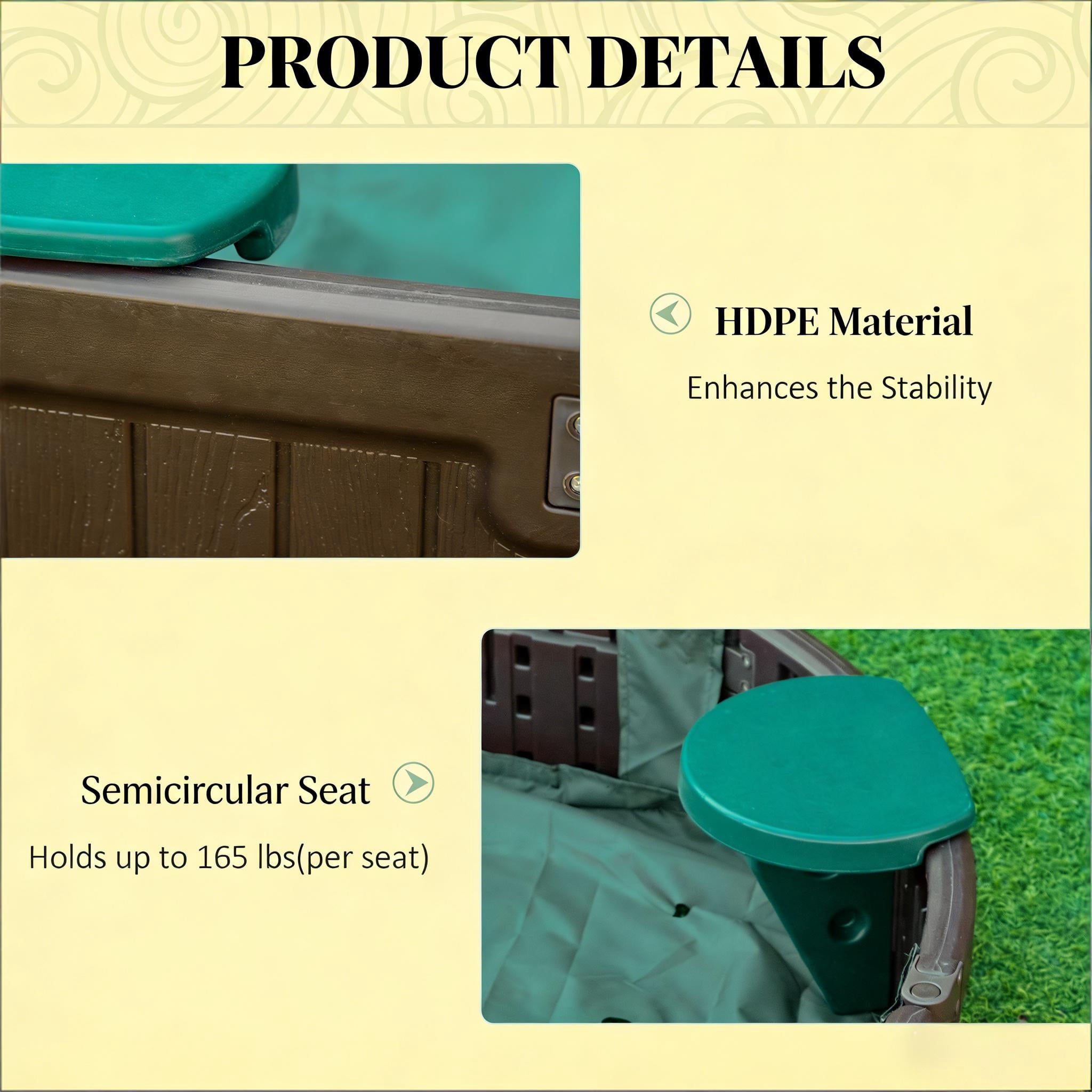 Children's Oval Outdoor HDPE Sandbox with 4 Semicircular Seats, Waterproof Oxford Cover & Liner, Dark Green Brown Sand Pit, Tool-Free Assembly for Backyard Lawn, Ages 3-12