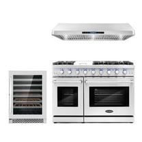 Cosmo 3 Piece Kitchen Appliance Packages with 48" Freestanding Gas Range Kitchen Stove 48" Under Cabinet Hood & 48 Bottle Freestanding Wine Refrigerator Kitchen Appliance Bundles