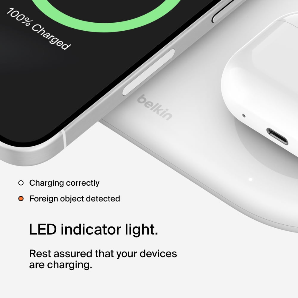 Belkin BoostCharge Pro 3-in-1 MagSafe-Compatible Wireless Charging Pad with Qi2 15W, Fast Charging iPhone Charger, Compatible with iPhone 15, 14, and 13 Series, AirPods, Apple Watch, & More - White