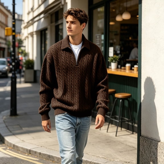 Men's Pullover Sweatshirt comfort Quarter Zipp Up Cable Knit Texture Sweater Casual Lightweight 1/4 Zippered Golf Polo Shirts Brown 5XL
