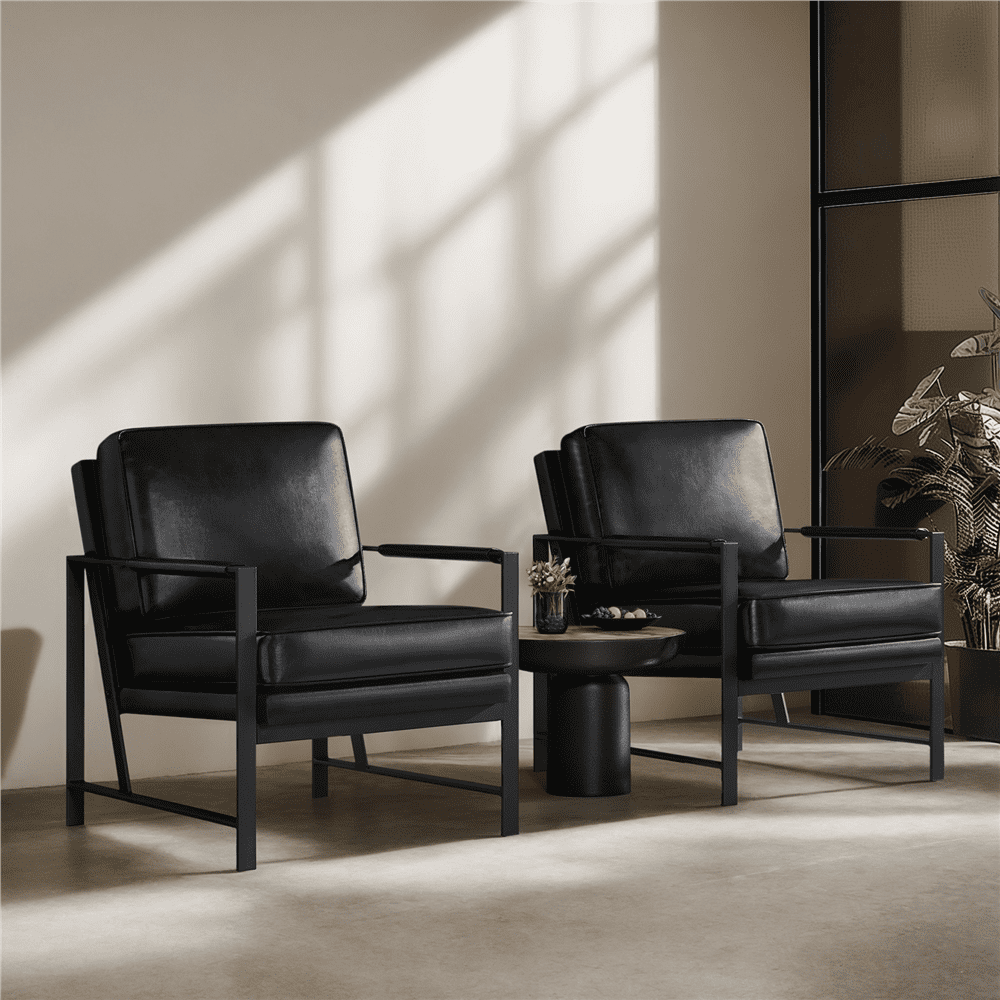 Alden Design Upholstered PU Leather Accent Chairs with Metal Arms, Set of 2, Black