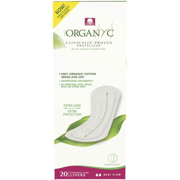 Organyc Protège-Slips Plats en Coton Biologique Certifié à 100 %, Maxi Flow, 20 Unités