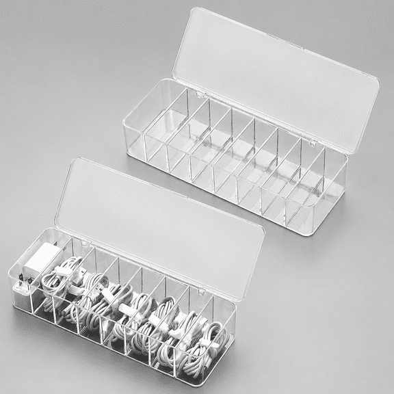 Cable Storage Organizer Box 2 Pack 8 Compartment Clear Dustproof Lid for Chargers USB Cords Jewelry
