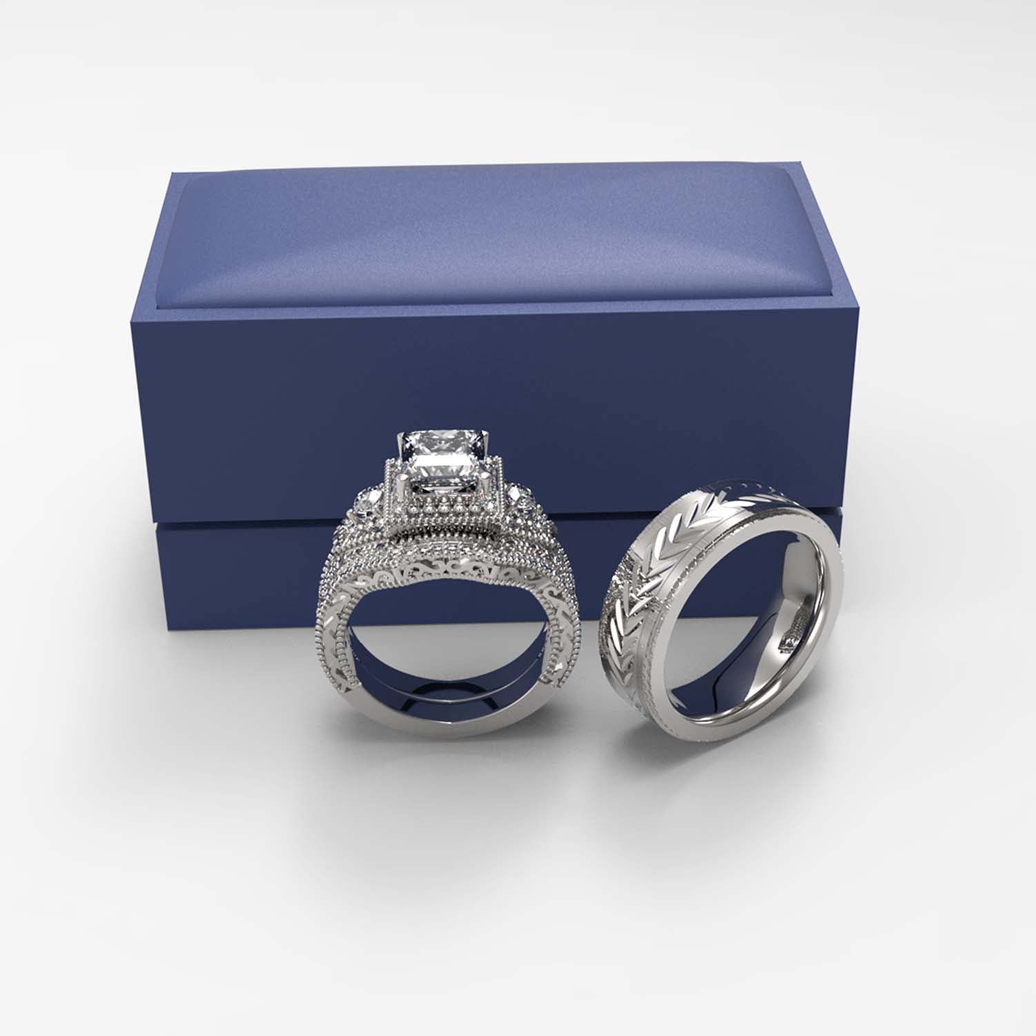 3pc Couples Wedding Ring Sets His And Hers Women Sterling Silve Round Moissanite and men Wedding Bands Together With The Ring Box