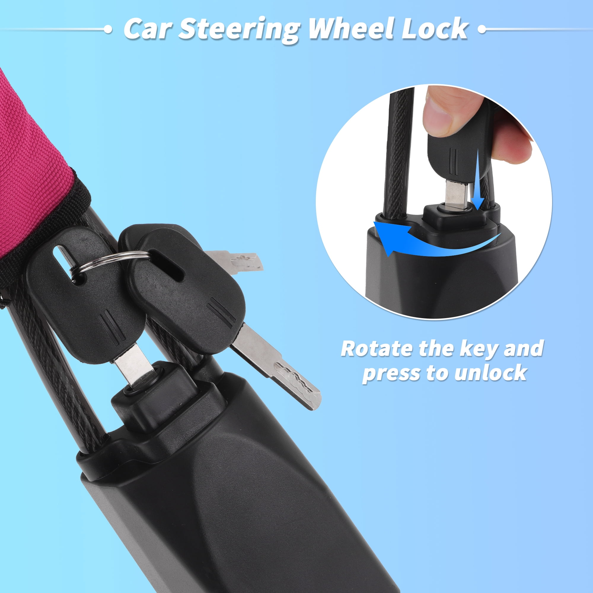 Unique Bargains Steering Wheel Lock with Seat Belt Lock Function - Universal Anti Theft Car Device for Most Vehicles 44 cm Length High Security with Pink (1 Set)
