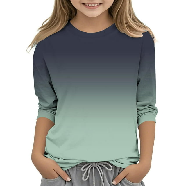 Dealovy Chemises pour Filles Manches 3/4 Couleur Dégradée Printemps Été Ample Décontracté Mignon Col Rond Tuniques