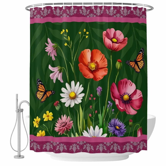 Spring Flowers Shower Curtain, Waterproof Shower Curtains for Bathroom, Purple Boho Farmhouse Botanical Florals Washable Fabric Bathtub Curtain Set Bath Decor with 12 Hooks Extra Long 72"x96"