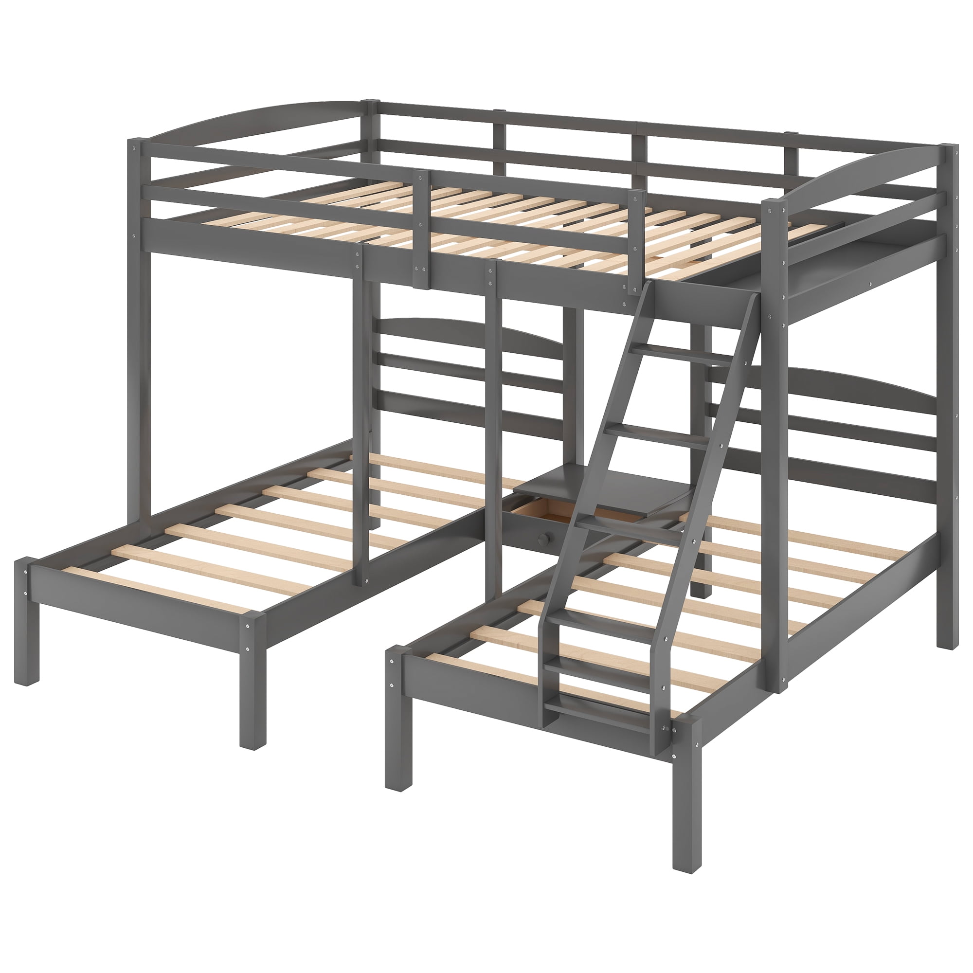 Euroco Full over Twin & Twin Bunk Bed, Wood Triple Bunk Bed for Kids' Room, Gray