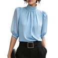 thumbnail image 4 of Womens Blouses Casual Tops Mock Neck Puff Sleeve Shirts Business Work Summer Outfits Lightweight Soft Daily Wear Fashion Tops by Yigetop Sky Blue S, 4 of 6