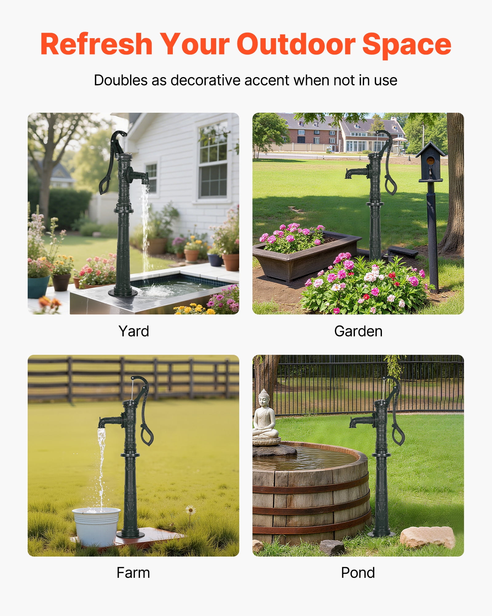 VEVOR Well Hand Pitcher Pump, 20 ft Max Lift, Antique Cast Iron Manual Hand Water Pump with Heightening Base, NPT 1-1/4 in Connection, Easy Installation, for Outdoor Garden, Pond, Yard, Farm, Green