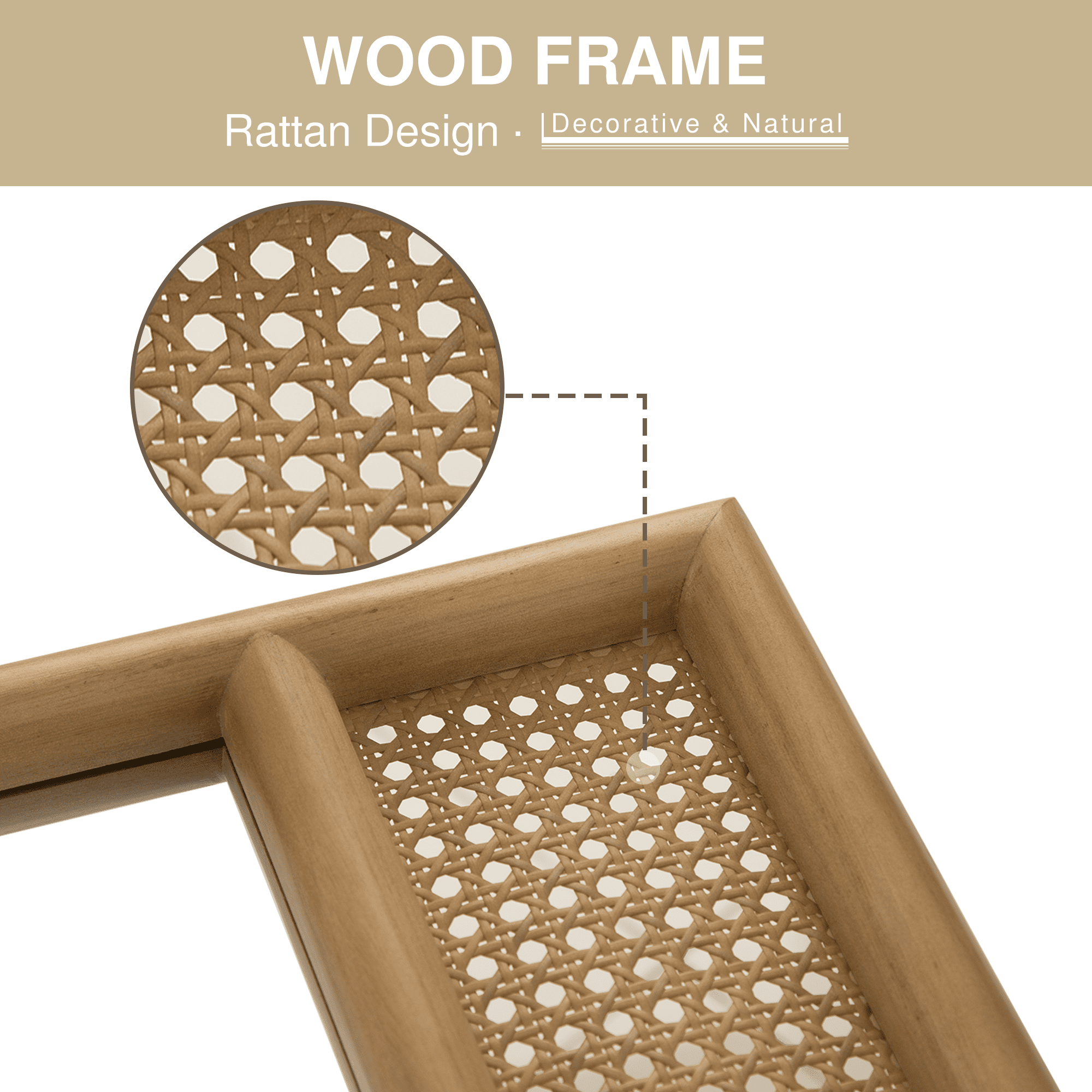 MAYEERTY 36"×24" Brown Solid Wood Arched Wall Mirror Right Angles, Carving & Rattan Weave for Living Room