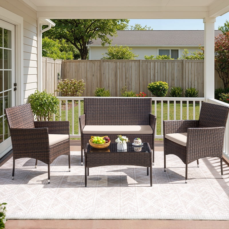 Vineego 4 4PCS Patio Furniture Set Outdoor Conversation Rattan Chairs with Cushion and Loveseat Glass Table for Garden Backyard Porch, Brown/ Beige