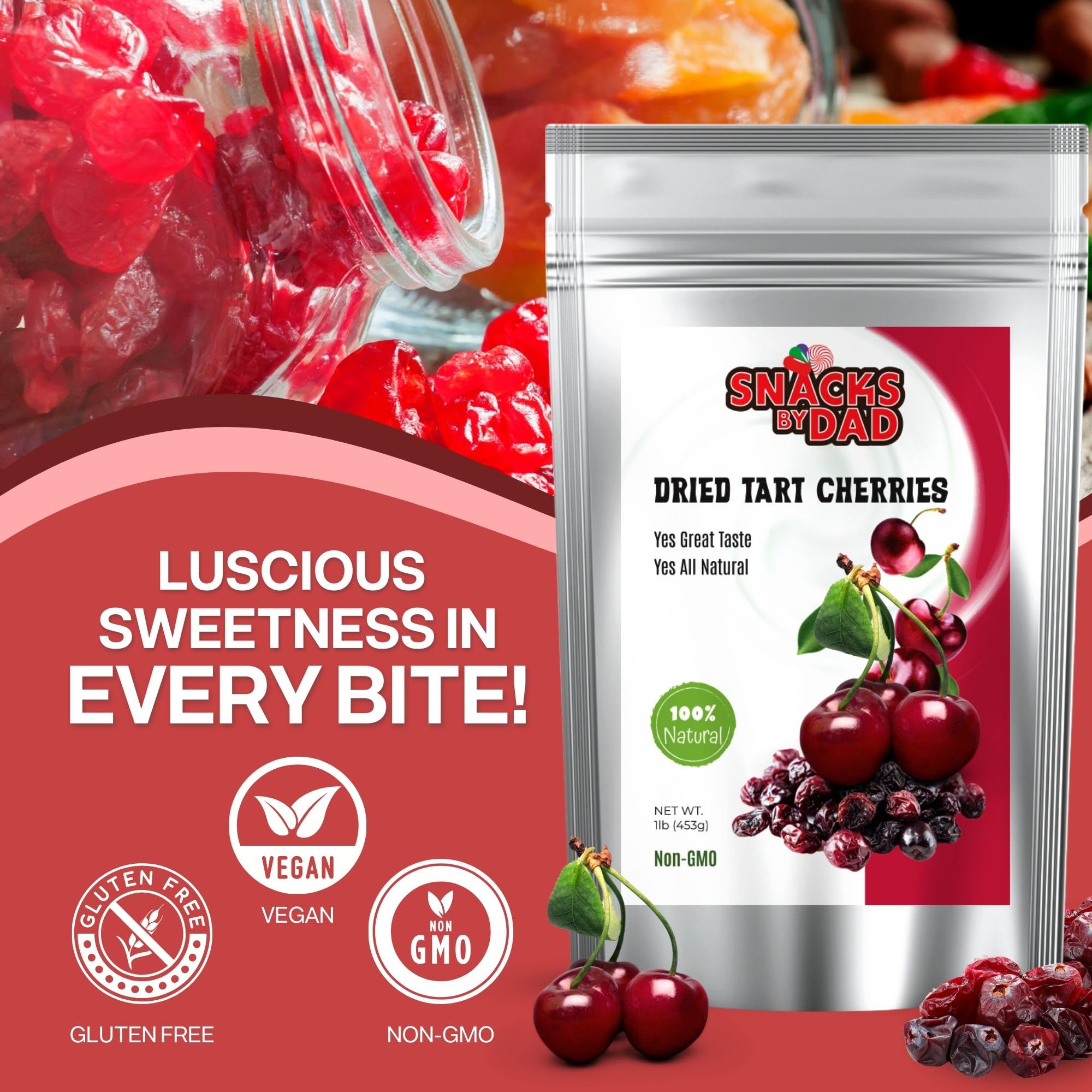 Dried Tart Cherries - Vegan Dried Cherries with No Preservatives | Healthy and Wholesome Snack | Tart Cherry for Snacking | Premium Dried Fruit For Snacking / 1lb (454g) Resealable bag