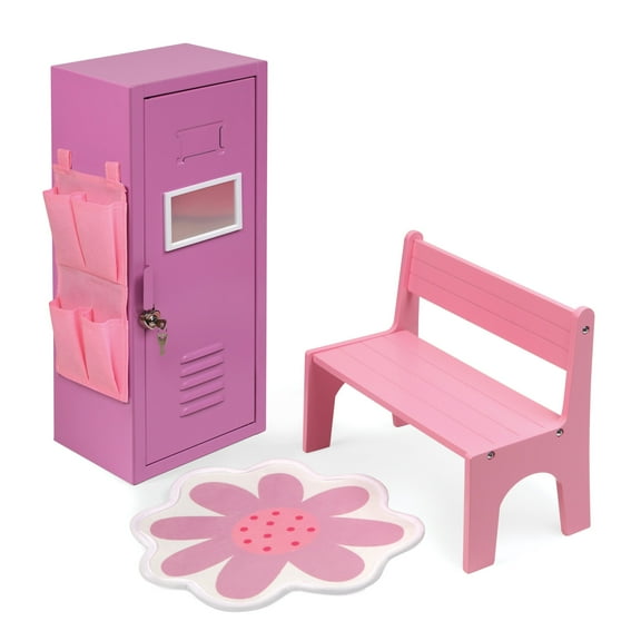 Badger Basket Doll Locker Set with Bench, Rug, and Accessories for 18 inch Dolls - Pink/Purple