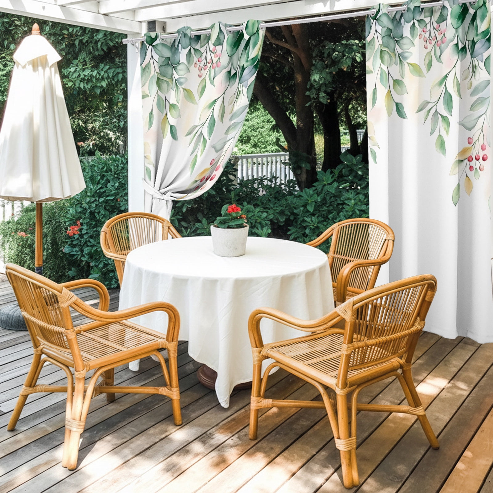 Outdoor Curtains for Patio Waterproof, Eucalyptus Windproof Pravicy Outside Porch Blackout Curtain, Retro Green Spring Botanical Leaf Red Fruit Sun Blocking Grommets Curtains for Cabana 54"x108"