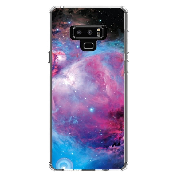 DistinctInk Clear Shockproof Hybrid Case for Samsung Galaxy Note 9 - TPU Bumper, Acrylic Back, Tempered Glass Screen Protector - Purple Blue Black Orion Nebula - Astronomy