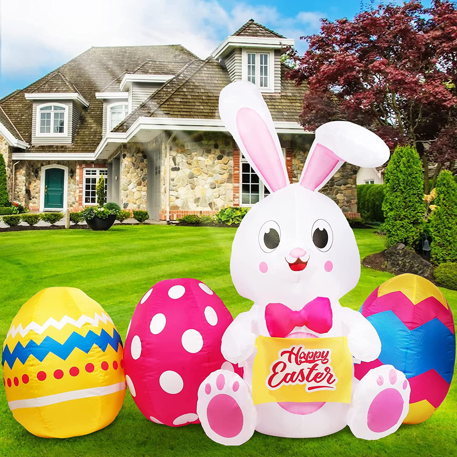 Easter Inflatable Decorations 4FT Tall Easter Bunny with Easter Eggs Blow Up Inflatables Built-in LED Light for Easter Holiday Party Spring Outside Indoor Outdoor Home Yard Garden Lawn Decor 