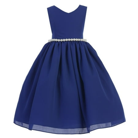 Waisted Wool - Little Girls Royal Blue Wool Dobby V-neck Pearl Waist Flower Girl Dress