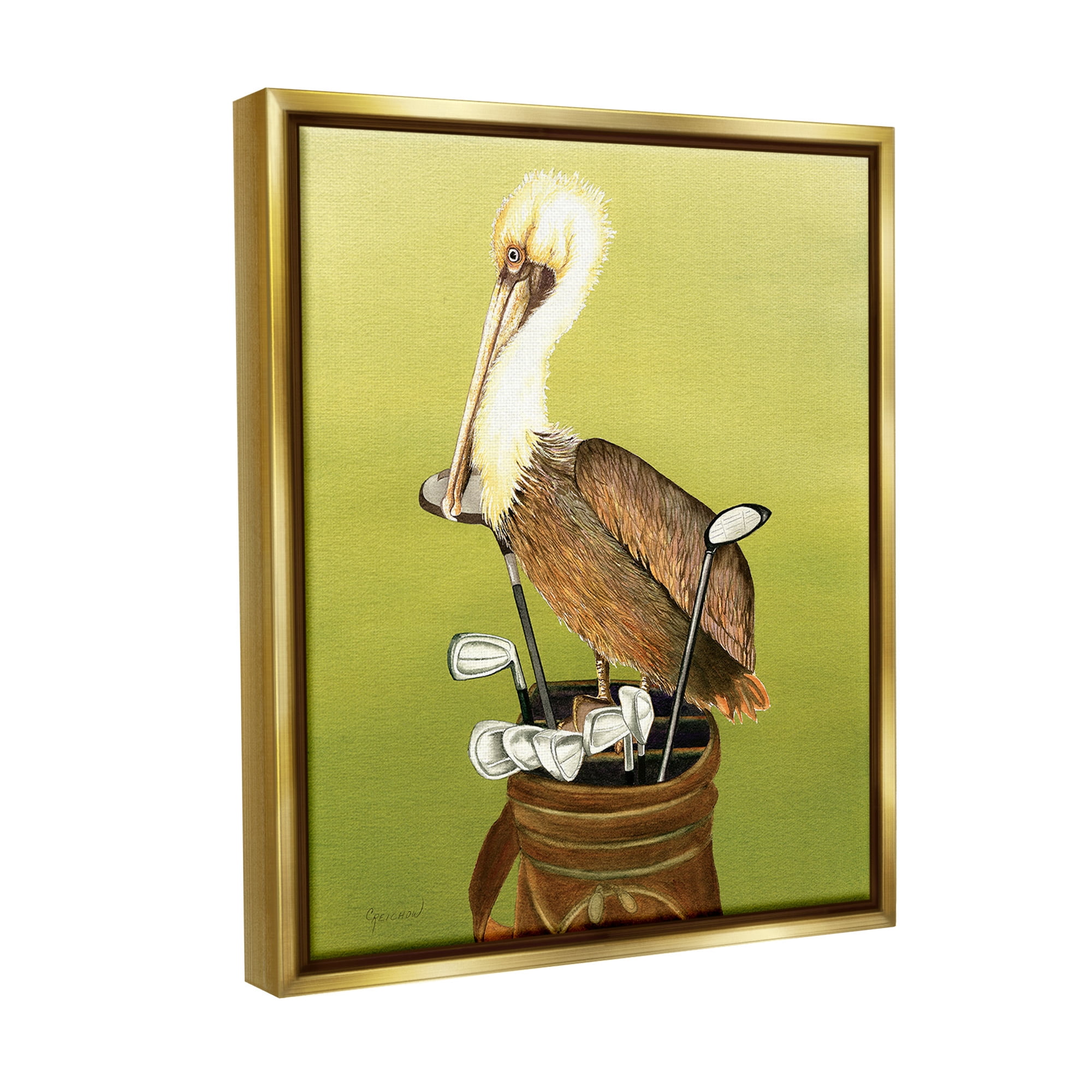 Stupell Industries Pelican on Golf Clubs Animals & Insects Painting Gold Floater Framed Canvas Art Print Wall Art, 25 x 31
