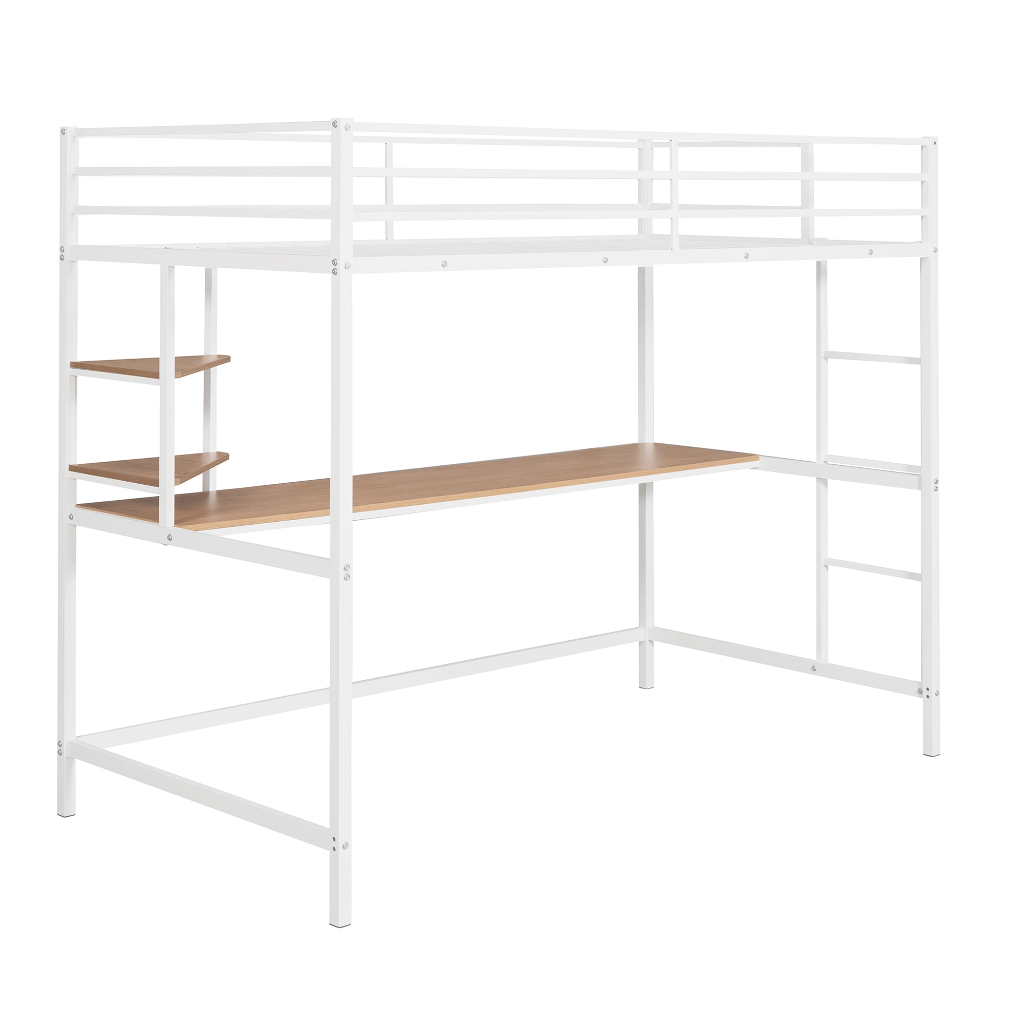 Gewnee Twin Heavy Duty Metal Loft Bed Frame with Desk and Shelves ,Ladder and Full-Length Guardrail,White