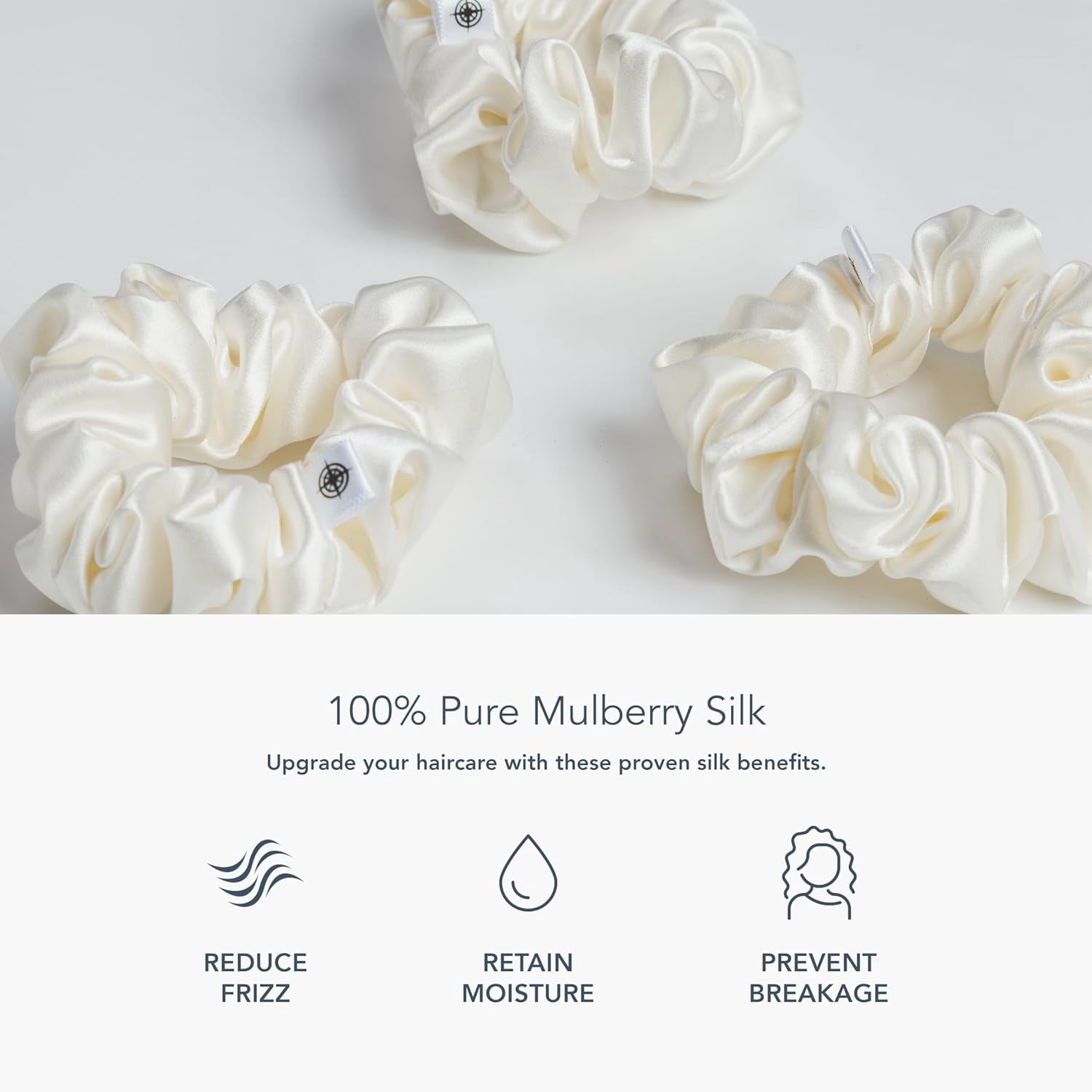 Fishers Finery 25 Momme Pure Mulberry Silk Large Scrunchies - Hair Tie Set for Curly Hair (White- 3 PK)