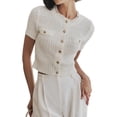 thumbnail image 2 of Women's Casual Summer Short Sleeve Cardigan Button Down Knitted Sweater Basic Crew Neck Crop Tops Cream White S, 2 of 10